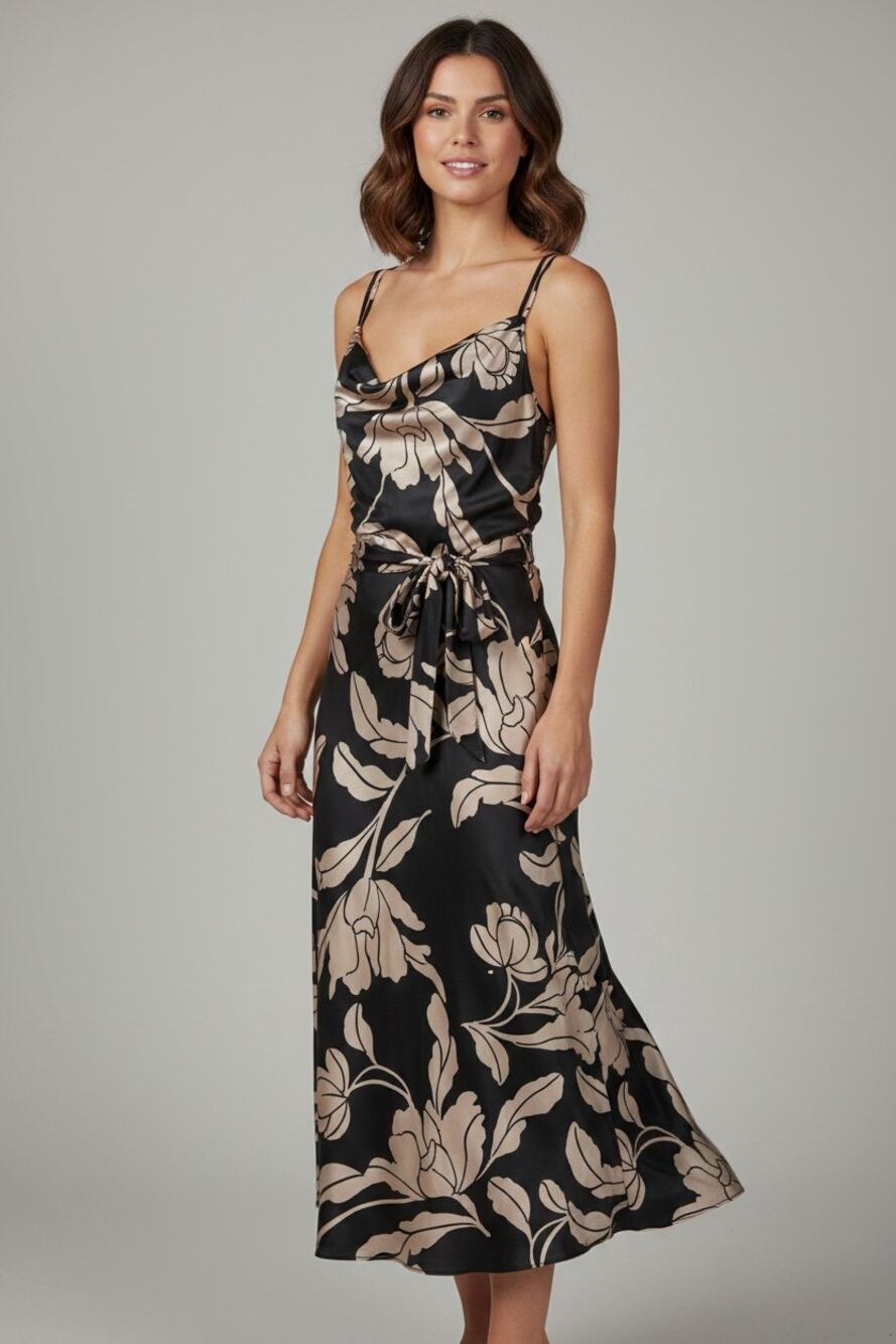 12 WHBM black maxi dress satin floral wedding guest cocktail Sleeveless